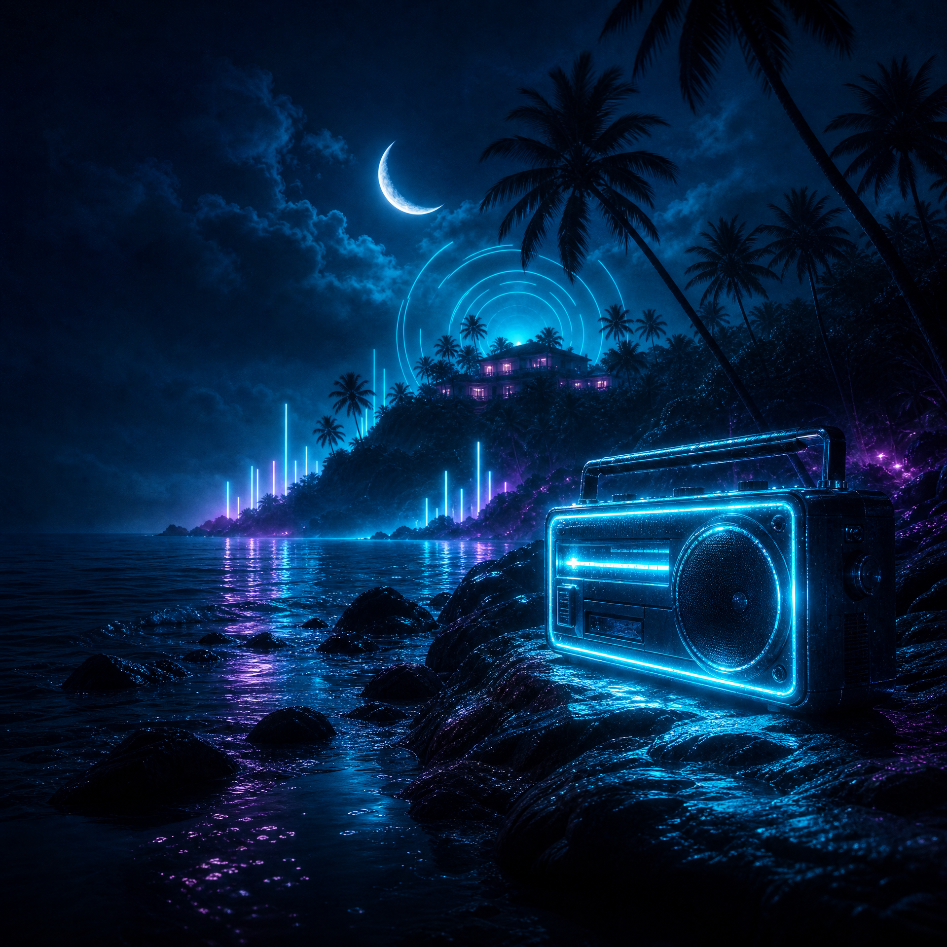 Neon radio on a tropical shore at night