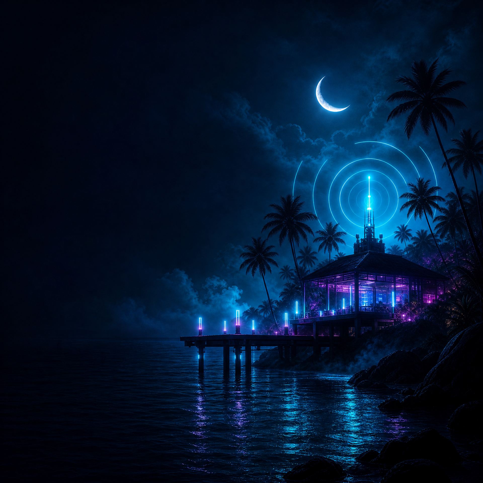Cyan signal beacon beside an island pier