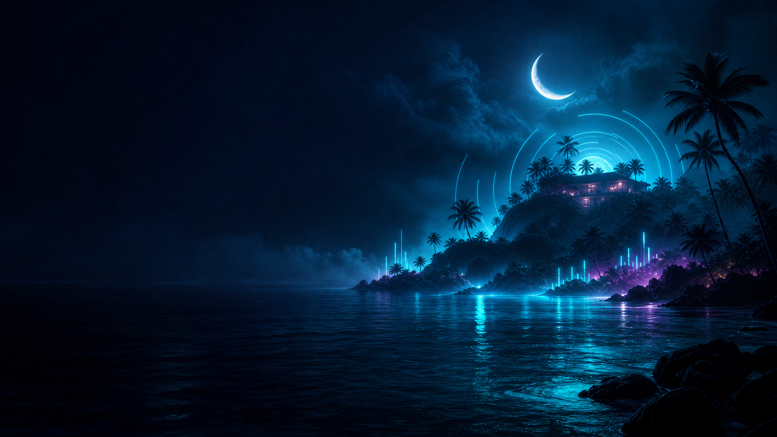 Neon sound signal over a tropical island at night